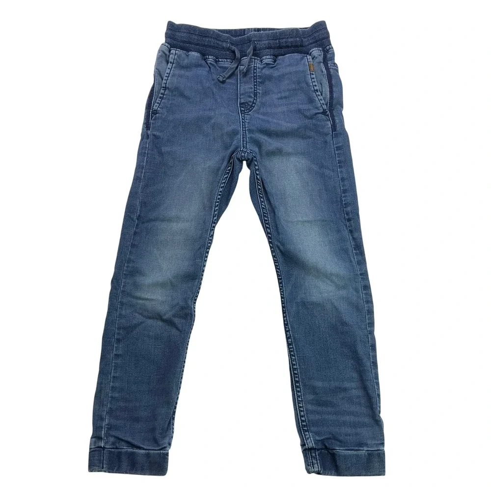 H&M Blue Jogger Jeans Kids Size 8-9Y Elastic Waist Ribbed Cuffs Stretch Denim